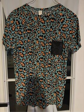 Teal Leopard Print Short Sleeve Blouse with Sequin Pocket